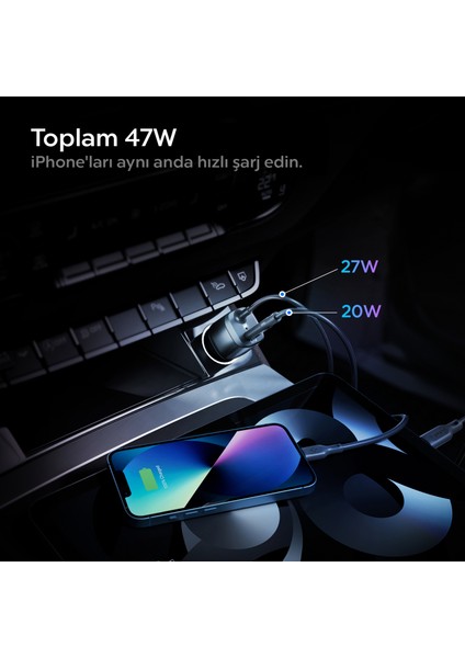 47W USB-C 2 Port Araç içi Hızlı Şarj Aleti + Lightning Şarj Kablosu Güç Adaptörü Çakmaklık iPhone & iPad Type-C - ACP04205 fiyatları