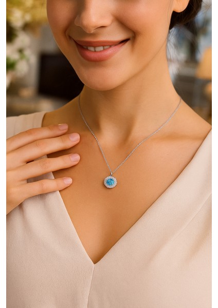 Aquamarin Taşlı Pırlanta Montür Kadın Gümüş Kolye fiyatları