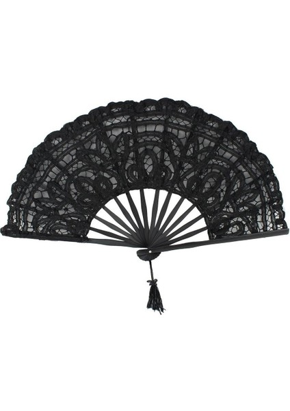Parti Gelin Düğün Dekorasyon Için El Yapımı Pamuk Dantel Katlanır El Fan (Siyah) (Yurt Dışından)