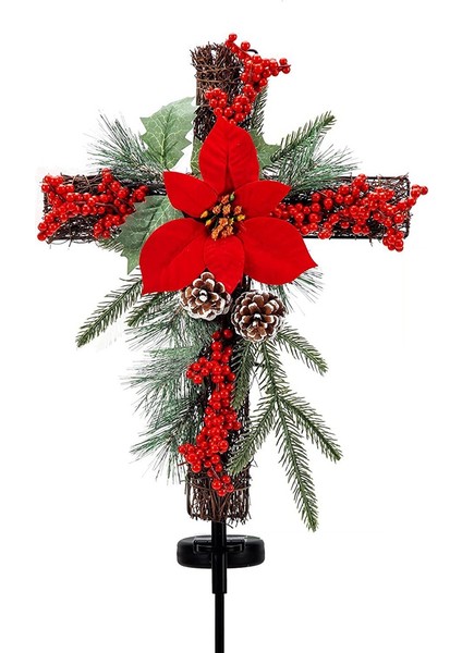 Noel Haç Kazığı, Güneş Enerjili Peri Işıkları, Metal Haç, Doğal Rattan, Kırmızı Atatürk Çiçeği ve Meyveler (Yurt Dışından)