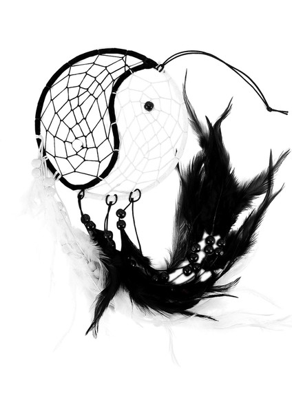 El Yapımı Yin Yang Dream Catcher Dairesel Net Tüyler Boncuklu Duvar Araba Asılı Dekorasyon Süsleme Zanaat Hediye, Siyah ve Beyaz (Yurt Dışından)