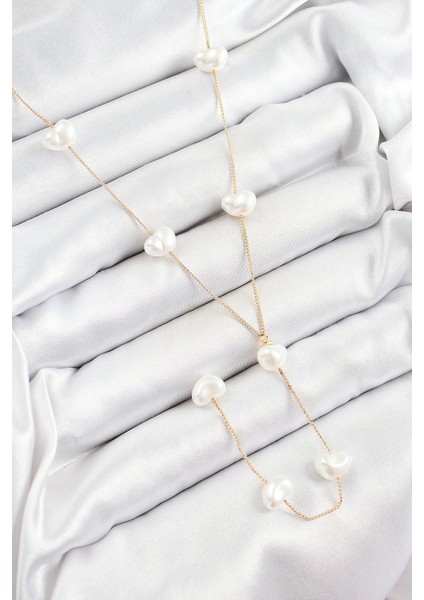 Bfs 316L Çelik Incili Kalp Figürlü Y Model Gold Renk Kadın Kolye