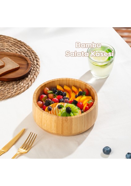 2074 Küçük Boy Doğal Bambu Salata Kasesi 18CM