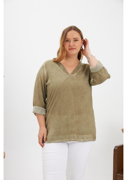Büyük Beden Pul Payet Detay Bluz Haki