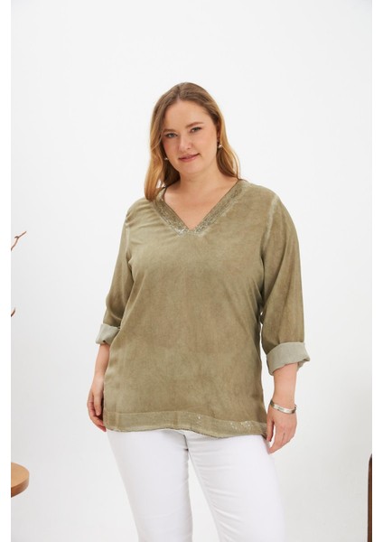 Büyük Beden Pul Payet Detay Bluz Haki fiyatları