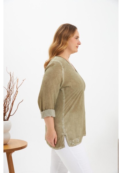 Büyük Beden Pul Payet Detay Bluz Haki modelleri