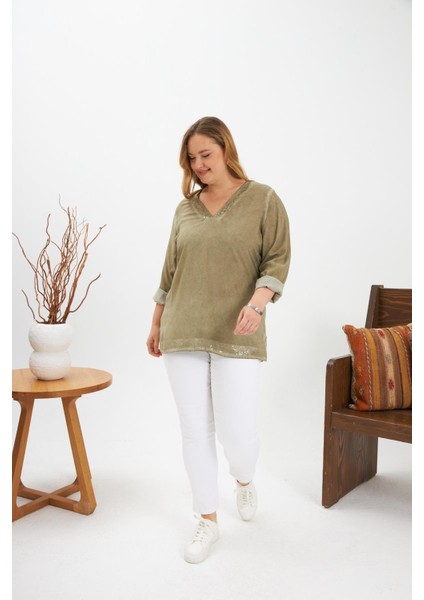 Büyük Beden Pul Payet Detay Bluz Haki indirimleri