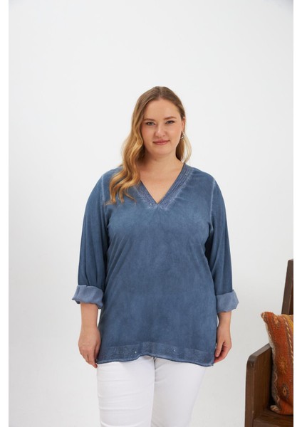 Büyük Beden Pul Payet Detay Bluz Indigo