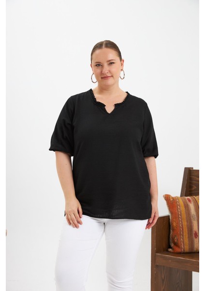 Volanlı V Yaka Kısa Kol Kadın Bluz Siyah