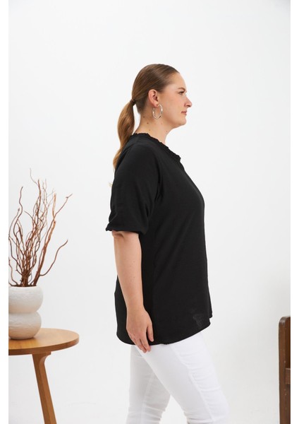 Volanlı V Yaka Kısa Kol Kadın Bluz Siyah fiyatları