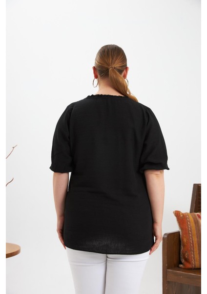 Volanlı V Yaka Kısa Kol Kadın Bluz Siyah fırsatları
