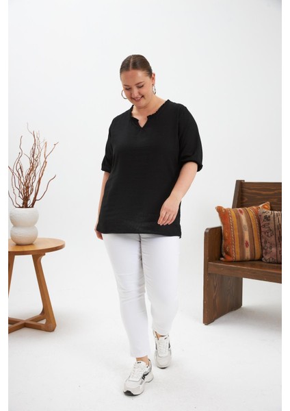 Volanlı V Yaka Kısa Kol Kadın Bluz Siyah indirimleri