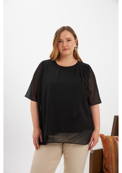 Omuz Taş Detaylı Asimetrik Kesim Büyük Beden Şifon Bluz Siyah