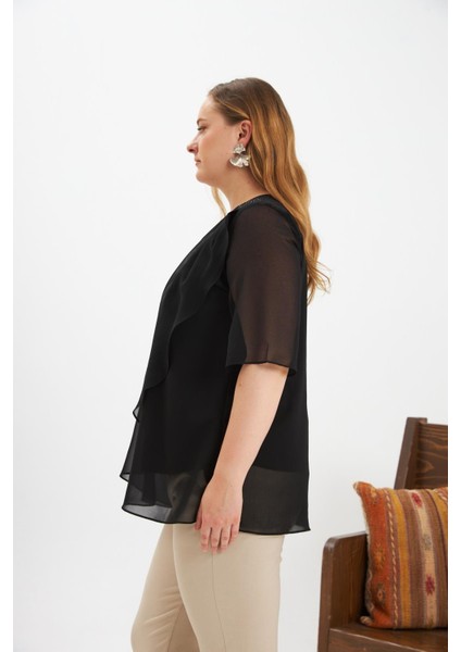 Omuz Taş Detaylı Asimetrik Kesim Büyük Beden Şifon Bluz Siyah modelleri