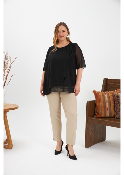 Omuz Taş Detaylı Asimetrik Kesim Büyük Beden Şifon Bluz Siyah fırsatları