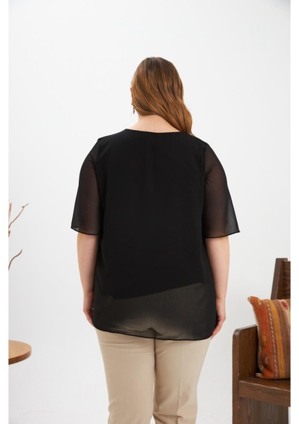 Omuz Taş Detaylı Asimetrik Kesim Büyük Beden Şifon Bluz Siyah indirimleri