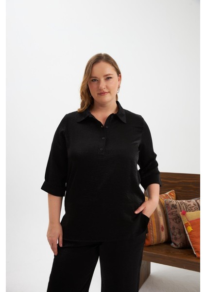 Büyük Beden Simli Gömlek Yaka Bluz Siyah