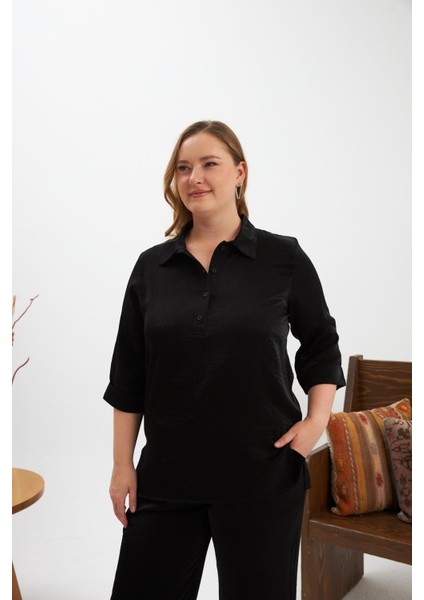 Büyük Beden Simli Gömlek Yaka Bluz Siyah fiyatları