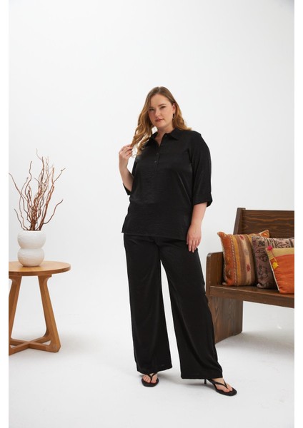 Büyük Beden Simli Gömlek Yaka Bluz Siyah fırsatları