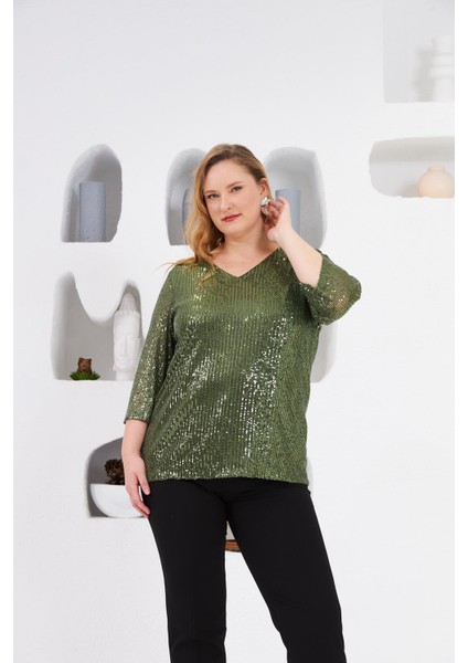 Büyük Beden Astarlı Pul Payet Bluz Haki