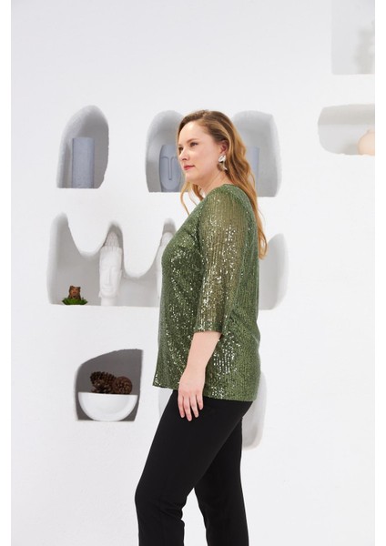 Büyük Beden Astarlı Pul Payet Bluz Haki fiyatları