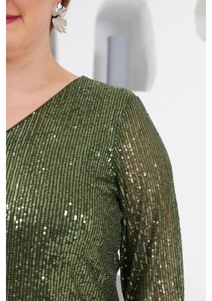 Büyük Beden Astarlı Pul Payet Bluz Haki modelleri