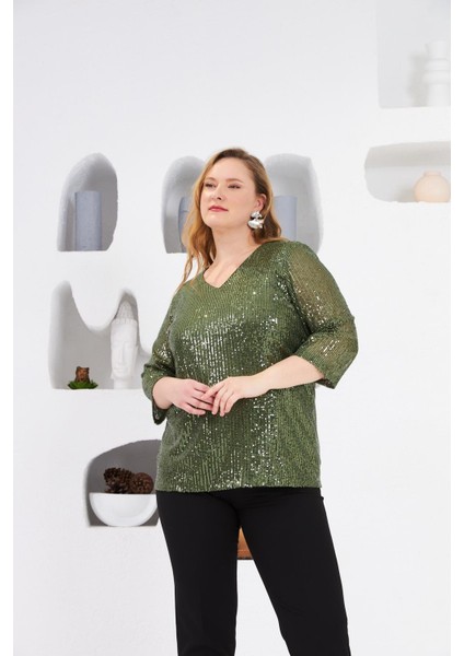 Büyük Beden Astarlı Pul Payet Bluz Haki fırsatları