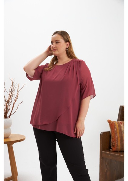 Omuz Taş Detaylı Asimetrik Kesim Büyük Beden Şifon Bluz Gülkurusu modelleri