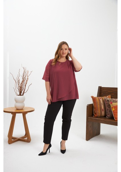 Omuz Taş Detaylı Asimetrik Kesim Büyük Beden Şifon Bluz Gülkurusu fırsatları