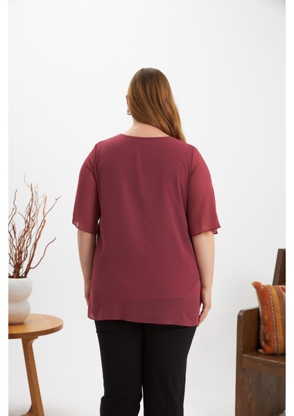 Omuz Taş Detaylı Asimetrik Kesim Büyük Beden Şifon Bluz Gülkurusu indirimleri