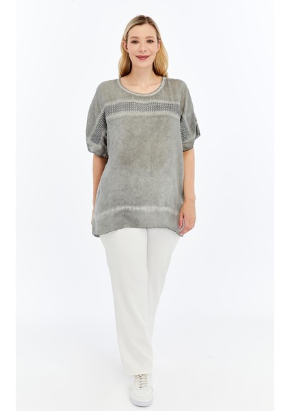 Dantel Detaylı Büyük Beden Yıkamalı Bluz Füme fırsatları