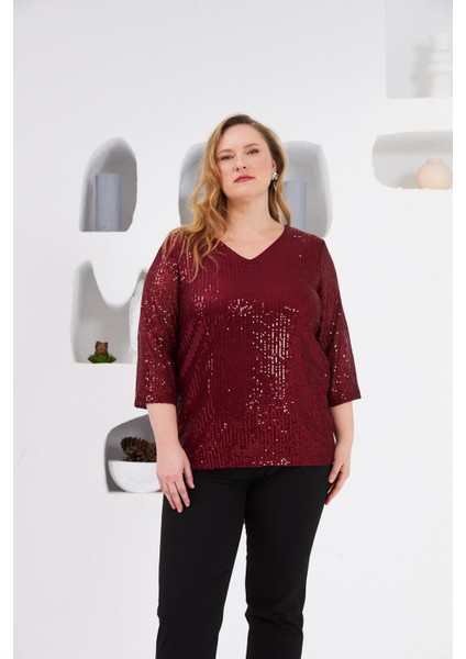 Büyük Beden Astarlı Pul Payet Bluz Bordo