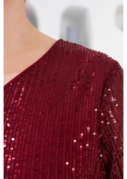 Büyük Beden Astarlı Pul Payet Bluz Bordo fiyatları