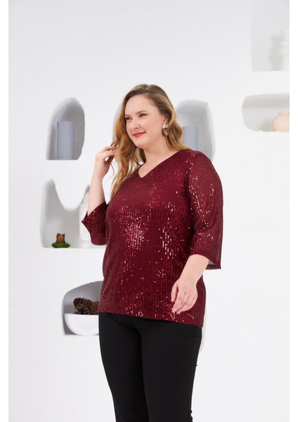Büyük Beden Astarlı Pul Payet Bluz Bordo modelleri