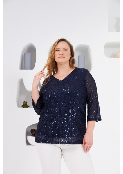 Büyük Beden Astarlı Pul Payet Bluz Lacivert