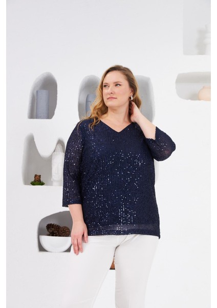 Büyük Beden Astarlı Pul Payet Bluz Lacivert fiyatları