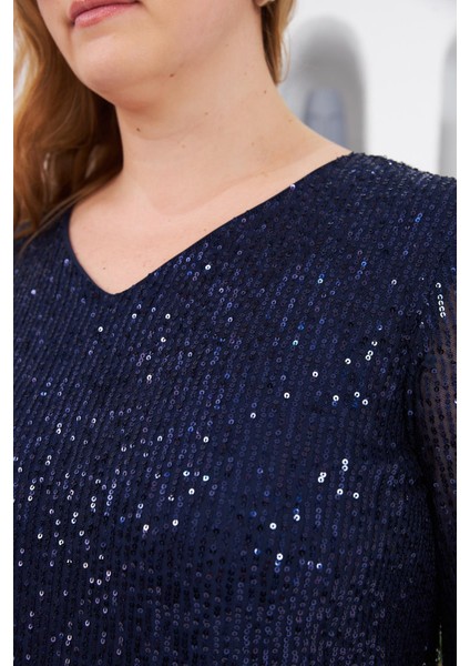 Büyük Beden Astarlı Pul Payet Bluz Lacivert modelleri