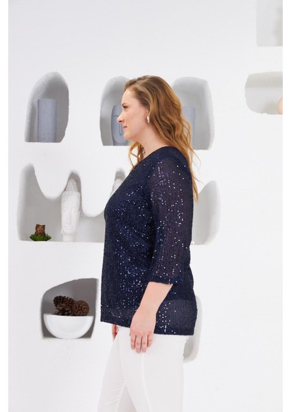 Büyük Beden Astarlı Pul Payet Bluz Lacivert fırsatları