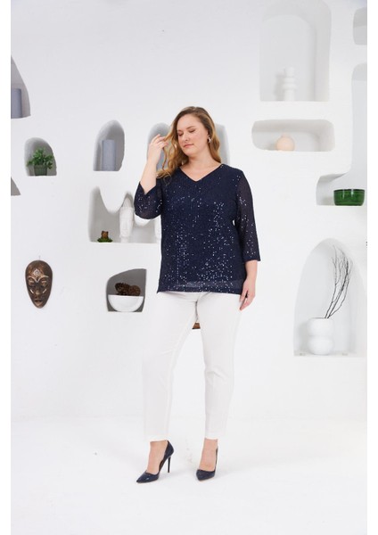 Büyük Beden Astarlı Pul Payet Bluz Lacivert indirimleri