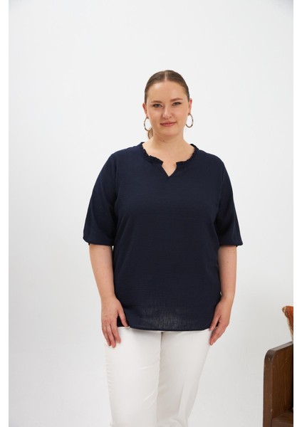 Volanlı V Yaka Kısa Kol Kadın Bluz Lacivert