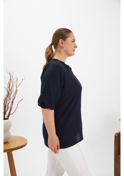 Volanlı V Yaka Kısa Kol Kadın Bluz Lacivert fiyatları
