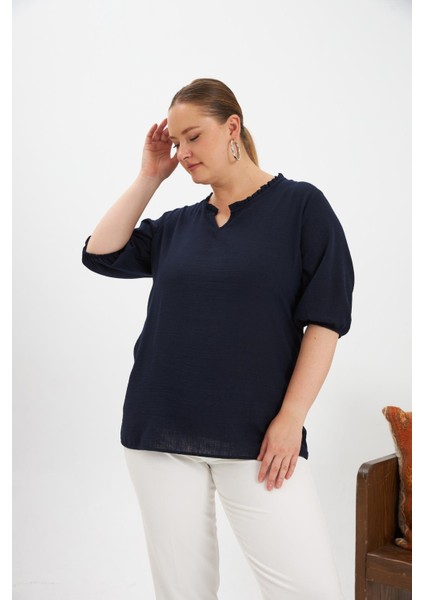 Volanlı V Yaka Kısa Kol Kadın Bluz Lacivert modelleri