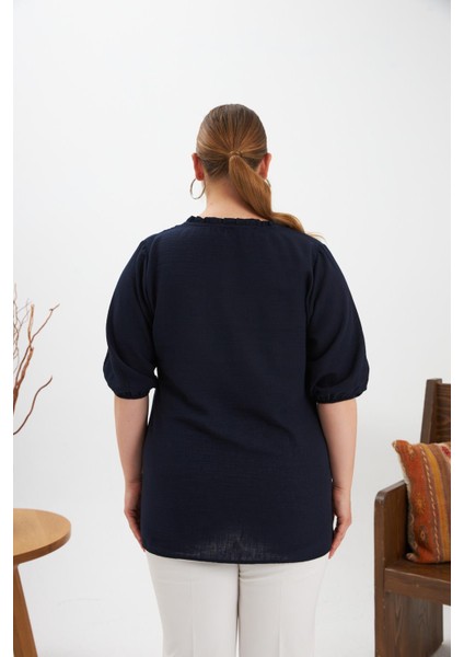 Volanlı V Yaka Kısa Kol Kadın Bluz Lacivert fırsatları
