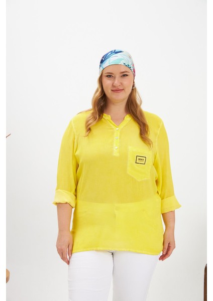 Arma Detaylı Büyük Beden Yıkamalı Bluz Sarı