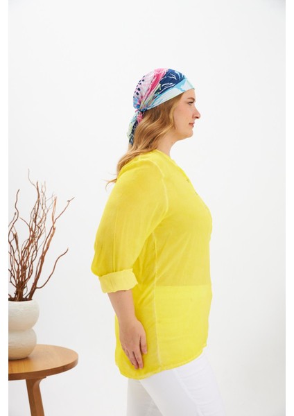 Arma Detaylı Büyük Beden Yıkamalı Bluz Sarı modelleri