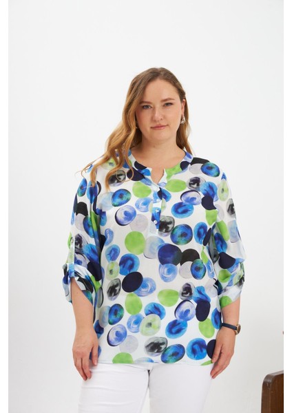 Desenli Kol Apoletli Büyük Beden Bluz Ekru