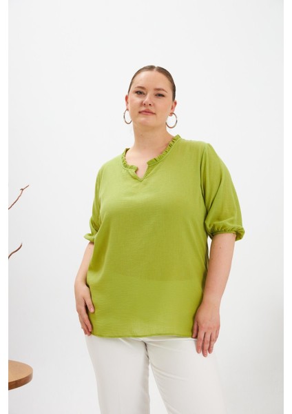 Volanlı V Yaka Kısa Kol Kadın Bluz Oliv