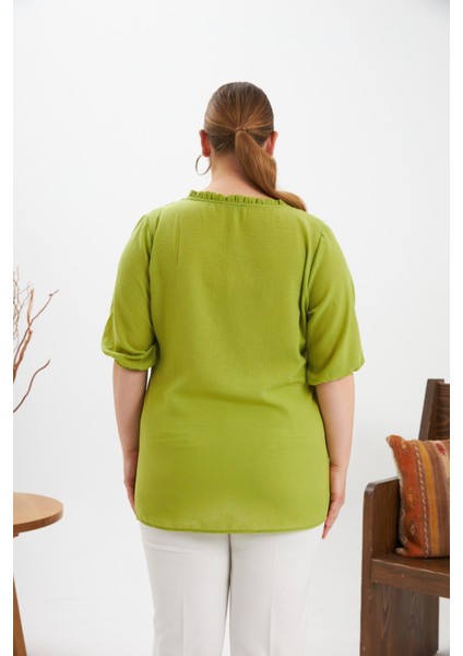 Volanlı V Yaka Kısa Kol Kadın Bluz Oliv indirimleri