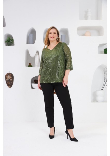 Büyük Beden Astarlı Pul Payet Bluz Haki indirimleri