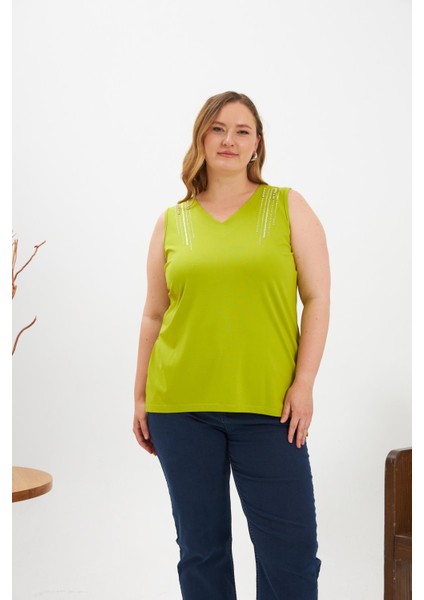 Taş Detaylı Büyük Beden Kolsuz Bluz Oliv